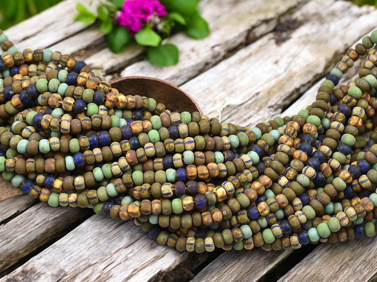 6/0 Aged Matte Rain Forest Striped Picasso Mix Seed Beads (20" Strand)